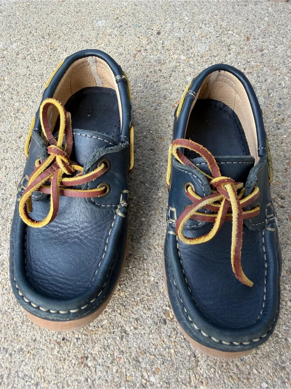 Kids Navy Leather Boat Shoes with Brown Laces